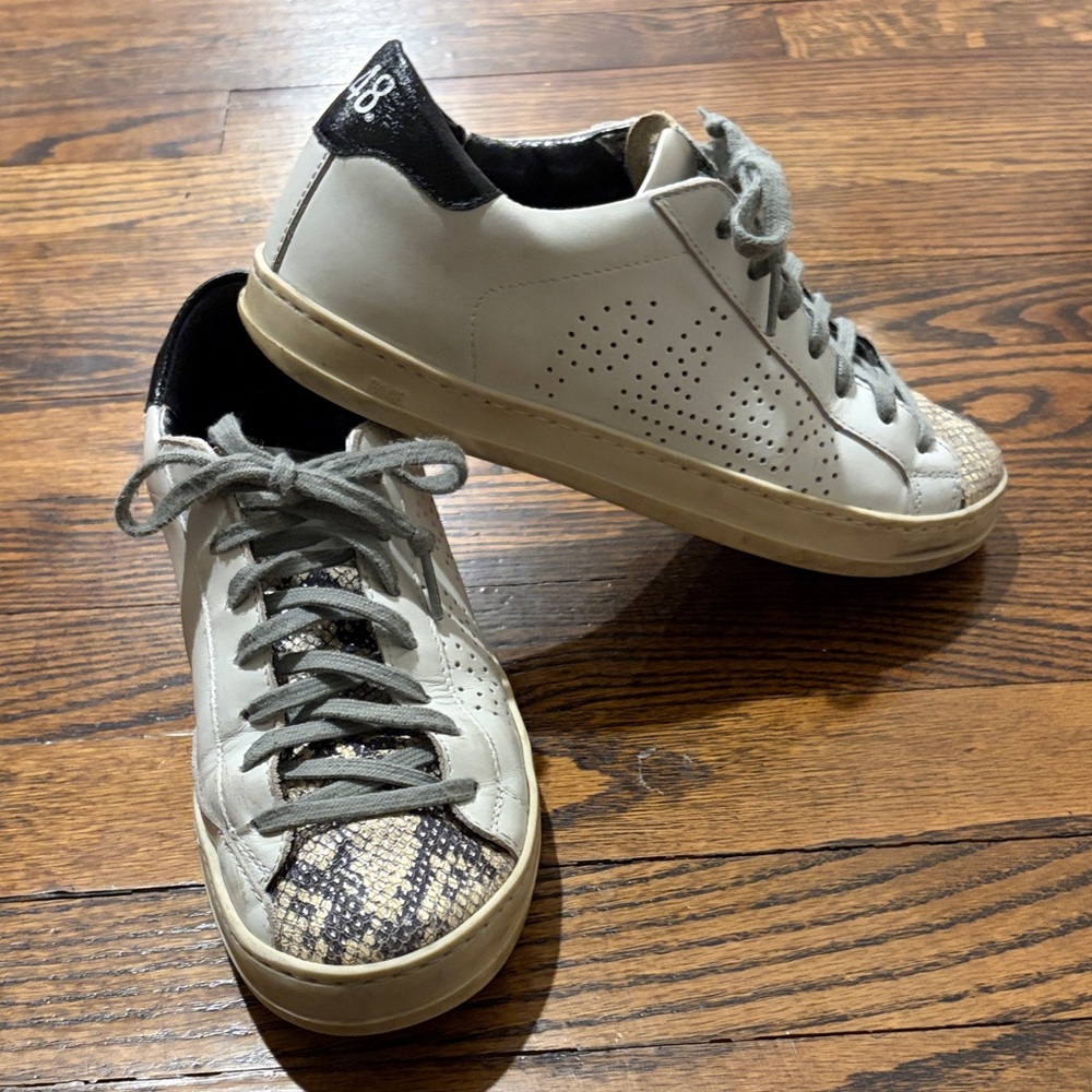 P448 White and Black Sneakers with Snake Print Detail